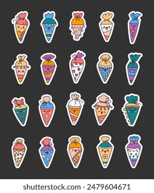 Cute kawaii school cones for the first day of school. Sticker Bookmark. Funny character. Hand drawn style. Vector drawing. Collection of design elements.