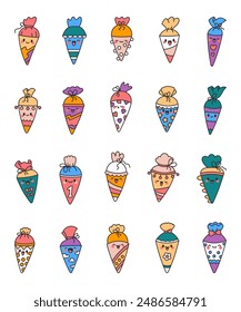 Cute kawaii school cones for the first day of school. Funny character. Hand drawn style. Vector drawing. Collection of design elements.
