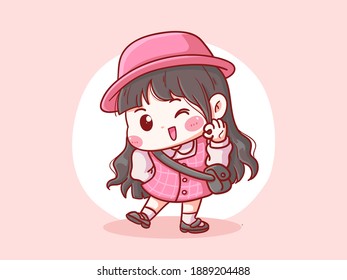 Cute and kawaii School Girl Doing OK Sign manga chibi Illustration