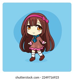 Cute and kawaii school girl in dress. Manga chibi girl.