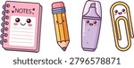 Cute Kawaii School Stationery Vector Set - Spiral Notebook, Pencil, Highlighter, and Paperclip Characters with Funny Smiling Faces Isolated on White Background