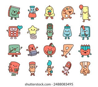 Cute kawaii school supplies. Funny cartoon characters for studying. Hand drawn style. Vector drawing. Collection of design elements.