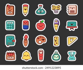 Cute kawaii school supplies with funny faces. Sticker Bookmark. Adorable cartoon characters for studying. Hand drawn style. Vector drawing. Collection of design elements.
