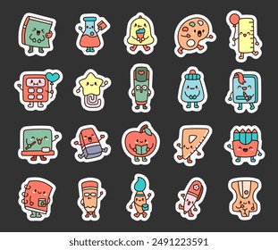 Cute kawaii school supplies. Sticker Bookmark. Funny cartoon characters for studying. Hand drawn style. Vector drawing. Collection of design elements.