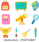 Cute kawaii school supplies vector set features smiling classroom items including a backpack, blackboard, globe, notebook, telescope, magnifying glass, trophy, paintbrush, scissors, and pencil