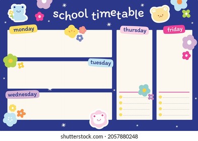 Cute kawaii school timetable with bears and flowers. Beautiful vector flat design, calendar, printable education planner.