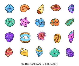 Cute kawaii sea shell. Cartoon aquatic life. Marine seashell characters, summer vacation. Hand drawn style. Vector drawing. Collection of design elements.