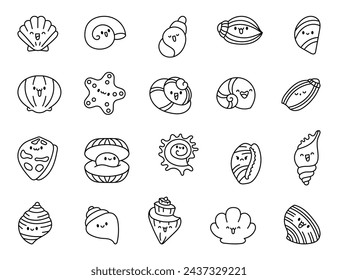 Cute kawaii sea shell. Coloring Page. Cartoon aquatic life. Marine seashell characters, summer vacation. Hand drawn style. Vector drawing. Collection of design elements.