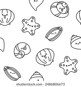 Cute kawaii sea shell. Seamless pattern. Coloring Page. Cartoon aquatic life. Marine seashell characters, summer vacation. Hand drawn style. Vector drawing. Design ornaments.
