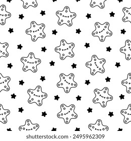 Cute kawaii sea shell. Seamless pattern. Coloring Page. Cartoon aquatic life. Marine seashell characters, summer vacation. Hand drawn style. Vector drawing. Design ornaments.