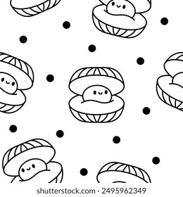 Cute kawaii sea shell. Seamless pattern. Coloring Page. Cartoon aquatic life. Marine seashell characters, summer vacation. Hand drawn style. Vector drawing. Design ornaments.