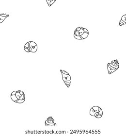 Cute kawaii sea shell. Seamless pattern. Coloring Page. Cartoon aquatic life. Marine seashell characters, summer vacation. Hand drawn style. Vector drawing. Design ornaments.