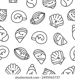 Cute kawaii sea shell. Seamless pattern. Coloring Page. Cartoon aquatic life. Marine seashell characters, summer vacation. Hand drawn style. Vector drawing. Design ornaments.