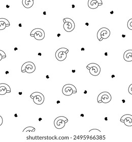 Cute kawaii sea shell. Seamless pattern. Coloring Page. Cartoon aquatic life. Marine seashell characters, summer vacation. Hand drawn style. Vector drawing. Design ornaments.