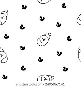 Cute kawaii sea shell. Seamless pattern. Coloring Page. Cartoon aquatic life. Marine seashell characters, summer vacation. Hand drawn style. Vector drawing. Design ornaments.
