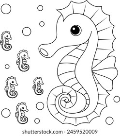 Cute kawaii seahorse and baby cartoon character coloring page vector illustration. Sea animal, mothers day colouring page for kids