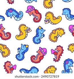 Cute kawaii seahorse. Seamless pattern. Cartoon underwater animal characters. Hand drawn style. Vector drawing. Design ornaments.