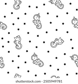 Cute kawaii seahorse. Seamless pattern. Coloring Page. Cartoon underwater animal characters. Hand drawn style. Vector drawing. Design ornaments.