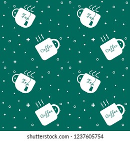 Cute or Kawaii seamless background. There are cup of tea and coffee for drinks concept.