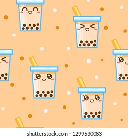 Cute Kawaii Seamless pattern Boba Bubble milk tea  Flat cartoon vector illustration isolated EPS10 