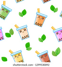 Cute Kawaii Seamless pattern Boba Bubble milk tea, Flat cartoon vector illustration isolated on EPS10.