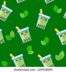 Cute Kawaii Seamless pattern Boba Bubble milk tea, Flat cartoon vector illustration isolated on EPS10.