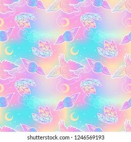 Cute kawaii nahtlose Muster mit Krähe, Rose, Kristall. Childischer Druck im Stil der 90er Jahre.
