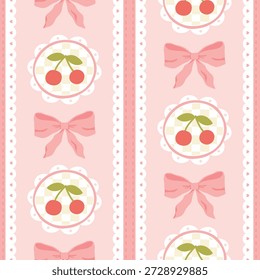 Padrão perfeito bonito com ícones de cereja e arcos no fundo rosa pastel. Doce doodle ornamento para tecido, vestuário e artigos de papelaria. Design feminino elegante moderno com corações e rendas.