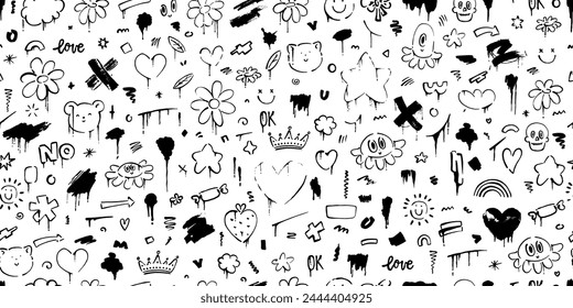 Cute, kawaii seamless pattern with flowers, cat, bear, clouds, brush strokes, splatters. Hand painted graffiti style.