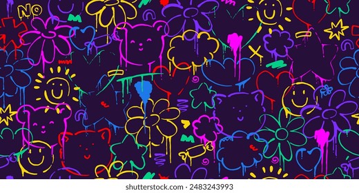 Cute, kawaii seamless pattern with flowers, cat, bear, clouds, brush strokes, splatters. Hand painted graffiti style.