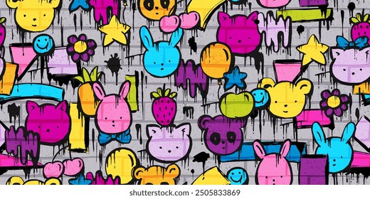 Cute, kawaii seamless pattern with flowers, cat, bear, panda, rabbit, brush strokes, splatters. Hand painted graffiti style.