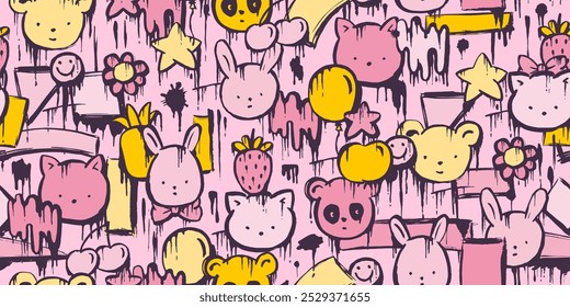 Cute, kawaii seamless pattern with flowers, cat, bear, panda, rabbit, brush strokes, splatters. Hand painted graffiti style.