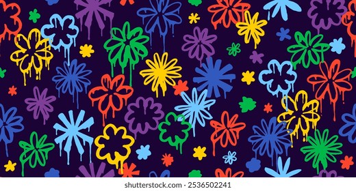 Bonito, kawaii padrão sem emenda com flores, pinceladas de pincel, splatters. Estilo de grafite pintado à mão. Estilo psicodélico retrô groovy,