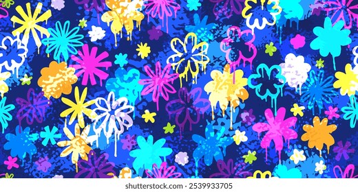 Cute, kawaii seamless pattern with flowers, brush strokes, splatters. Hand painted graffiti style. Retro groovy psychedelic style,