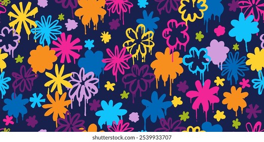 Bonito, kawaii padrão sem emenda com flores, pinceladas de pincel, splatters. Estilo de grafite pintado à mão. Estilo psicodélico retrô groovy,