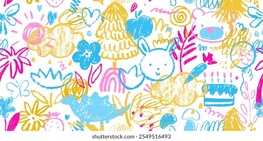 Cute, kawaii seamless pattern with flowers, cat, bear, clouds, trees, brush strokes. Hand drawn kid style.