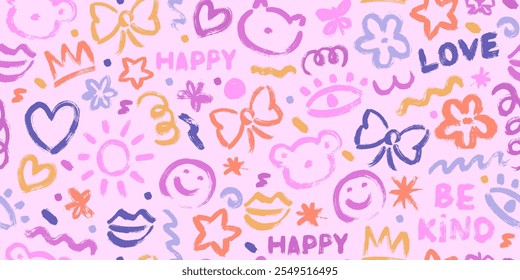 Cute, kawaii seamless pattern with flowers, cat, bear, clouds, trees, brush strokes. Hand drawn kid style.