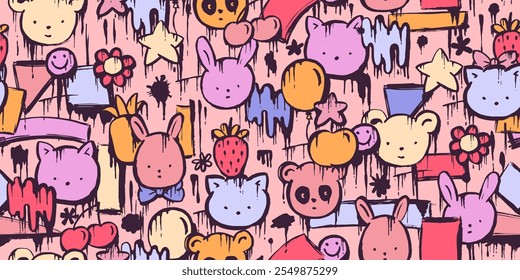 Lindo, kawaii sin patrón con flores, gato, oso, panda, conejo, pinceladas, salpicaduras. Estilo de graffiti pintado a mano.