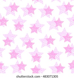 Cute kawaii seamless pattern with pink stars on white background.