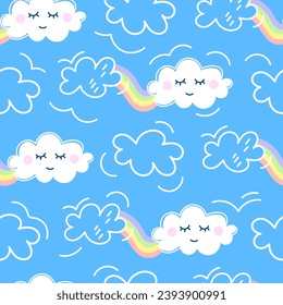 Cute kawaii seamless pattern with cute rainbow, cloud. Blue sky with white clouds. Cartoon cloud vector set. Baby cute pastel colors. Vector Illustration. 