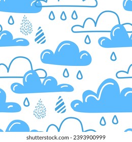 Cute kawaii seamless pattern with cute rainbow, cloud. Blue sky with white clouds. Cartoon cloud vector set. Baby cute pastel colors. Vector Illustration. 