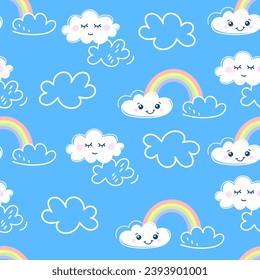 Cute kawaii seamless pattern with cute rainbow, cloud. Blue sky with white clouds. Cartoon cloud vector set. Baby cute pastel colors. Vector Illustration. 