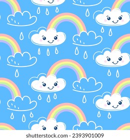 Cute kawaii seamless pattern with cute rainbow, cloud. Blue sky with white clouds. Cartoon cloud vector set. Baby cute pastel colors. Vector Illustration. 