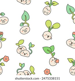 Cute kawaii seed with roots. Seamless pattern. Bean sprout. Cartoon plant gardening characters. Hand drawn style. Vector drawing. Design ornaments.