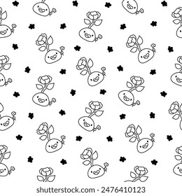 Cute kawaii seed with roots. Seamless pattern. Coloring Page. Bean sprout. Cartoon plant gardening characters. Hand drawn style. Vector drawing. Design ornaments.