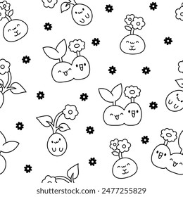 Cute kawaii seed with roots. Seamless pattern. Coloring Page. Bean sprout. Cartoon plant gardening characters. Hand drawn style. Vector drawing. Design ornaments.