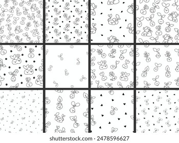 Cute kawaii seed with roots. Seamless pattern. Coloring Page. Bean sprout. Cartoon plant gardening characters. Hand drawn style. Vector drawing. Collection of design ornaments.