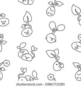 Cute kawaii seed with roots. Seamless pattern. Coloring Page. Bean sprout. Cartoon plant gardening characters. Hand drawn style. Vector drawing. Design ornaments.