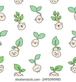 Cute kawaii seed with roots. Seamless pattern. Bean sprout. Cartoon plant gardening characters. Hand drawn style. Vector drawing. Design ornaments.