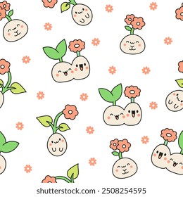 Cute kawaii seed with roots. Seamless pattern. Bean sprout. Cartoon plant gardening characters. Hand drawn style. Vector drawing. Design ornaments.